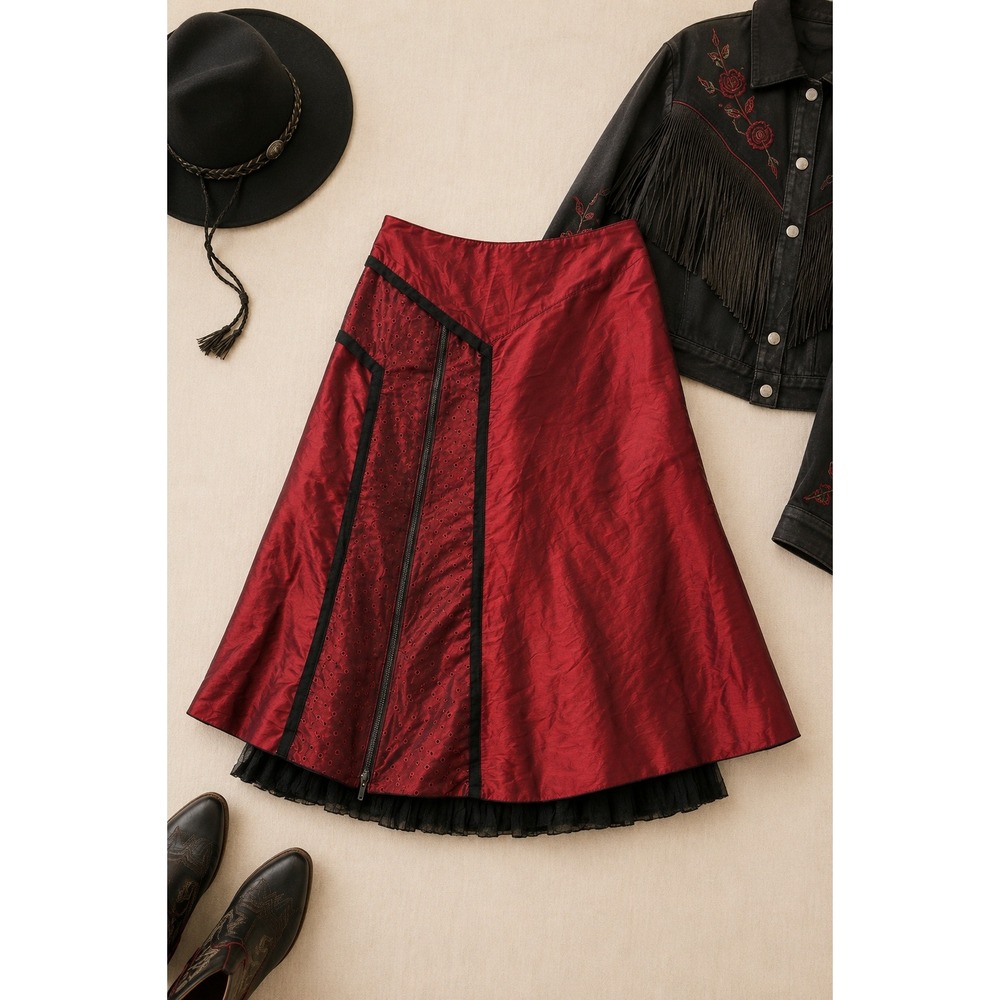 Tuzzi Red Metallic Tulle Midi Skirt Polka Dot Gypsy Western Statement Boho Sz 10